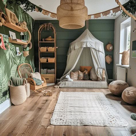 8 Inspiring Montessori Playroom Must Haves - Lainey May Home Playroom Forest Theme, Forest Themed Playroom, Nature Theme Playroom, Kids Montessori Playroom, Toddler Bedroom Forest Theme, Nature Themed Playroom, Green Playroom Ideas, Toddler Boy Montessori Bedroom, Woodland Montessori Room