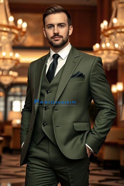 Olive Green Men Outfit, Three Piece Suit Mens, Fashion Categories, Green Suits, Formal Dress For Men, Olive Green Suit, Mens Wedding Suits, Green Formal Dresses, White Dress Shirt