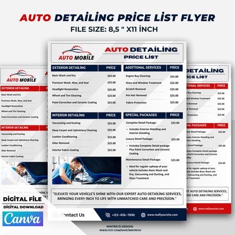 Auto Detailing Servicing Price List Flyer, Car Detailing Flyer Template Car Interior Detailing Checklist, Detailing Price List, Car Detailing Flyer, Car Detailing Business, Flyer Car, Cleaning Pet Hair, Flyer Size, Clean Tires, Headlight Restoration