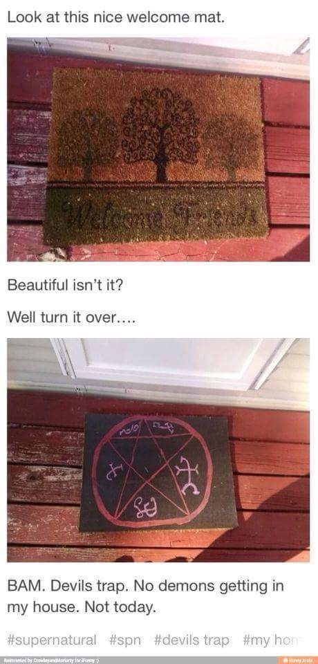 Devils trap welcome mat Devils Trap, Impala 67, Dean Castiel, Pizza Guy, Sam Dean, Supernatural Memes, Supernatural Fans, Supernatural Funny, Supernatural Fandom