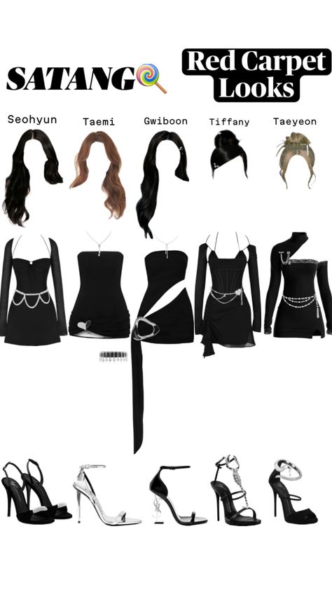 Kpop Black Outfit, 5 Member Outfits, Kpop Award Show Outfits, Kpop Concert Outfit, Female Inspiration, Award Show, Preformance Outfits, Stage Outfit, Fashion Vocabulary