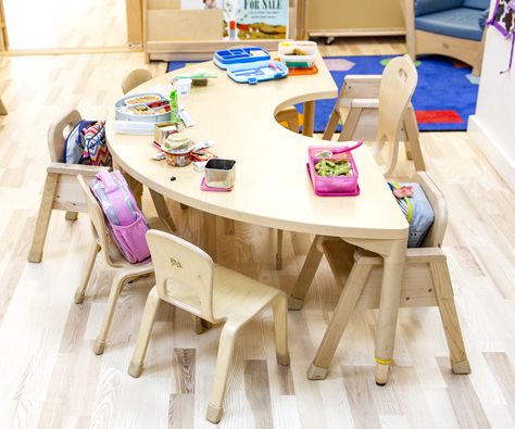 Half Circle Classroom Table Classroom Chairs And Tables, Preschool Furniture Classroom, Preschool Desk, Kindergarten Tables, Childrens Furniture Design, Preschool Tables, Kindergarten Furniture, Home Daycare Ideas, Classroom Table