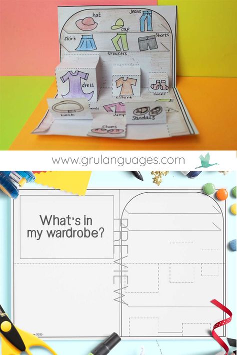 A fun and creative craft for children to practise clothes vocabulary. Downloadable worksheet. Clothing Study Activities, Clothes Activities For Kids, Clothes Worksheets For Kindergarten, Describe Clothes Writing, Clothes Worksheets For Kids, Clothes Worksheets For Kids Activities, My Clothes Worksheet, Clothes Kindergarten, English Pie