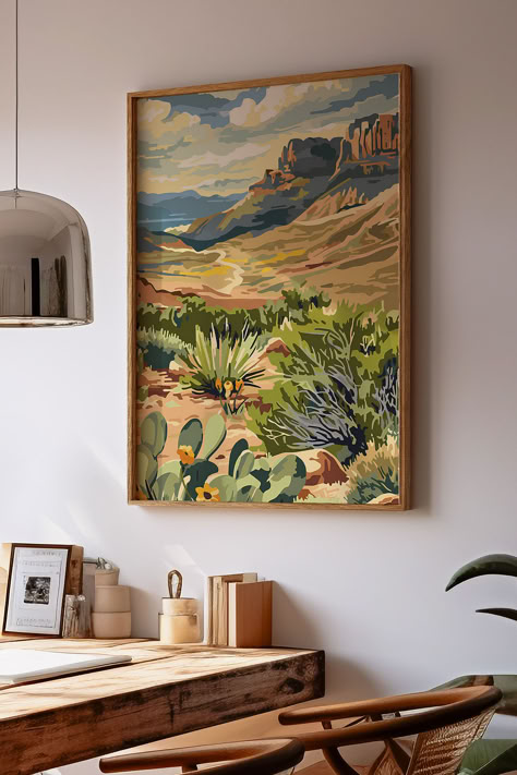 Capture the stunning beauty of Texas with this artisan crafted paint-by-number style art print featuring a breathtaking landscape scene from the Big Bend region. This high-quality wall art showcases the dramatic desert scenery, majestic mountains, and vibrant sunsets that define Big Bend's unique charm. Perfect for home decor or a thoughtful gift, this ready-to-hang artwork brings the essence of Texas nature into any space. Big Painting On Wall, Big Art Pieces, Arizona Home Decor, Texas Wall Decor, Texas Nature, Texas Desert, Electric Colors, Wall Art Paint, Desert Scenery