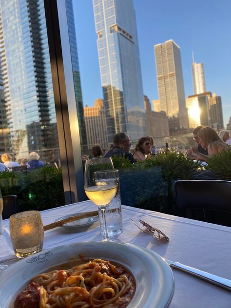 Sunset Aesthetic City, Dinner In The City, Wine Pasta, Midwest Region, Chicago Aesthetic, Summer Vision, Dinner Restaurant, Chicago At Night, Nyc Rooftop