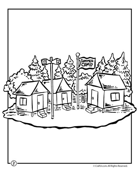 Summer Camp Coloring Page - Woo! Jr. Kids Activities Camp Drawing Ideas, Summer Camp Drawing, Summer Camp Buildings, Summer Camp Illustration, Summer Camp Coloring Pages, Tent Coloring Pages, Summer Camp Clipart, Camping Drawing, Camping Coloring Pages