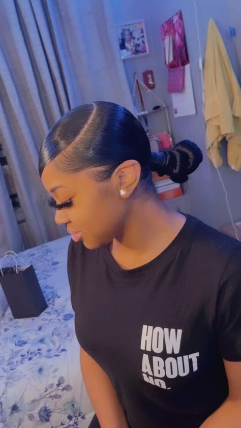 Simple Updo For Black Women, Slick Back Bun Weave, Black Girls Bun Hairstyles, Slick Back Knot Bun, Low Bun Hairstyles For Black Women, Sleek Back Bun, Bun Ideas, Birthday 15, Slick Ponytail