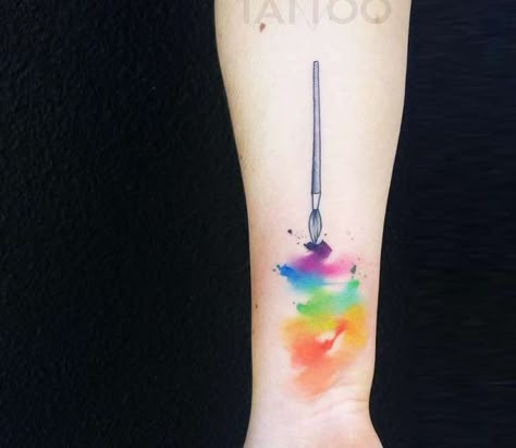 Tattoo For Painters, Paint Brush Tattoo, Paintbrush Tattoo, Color Wheel Paint, Teacher Tattoos, Pride Tattoo, Brush Tattoo, Rainbow Tattoos, Tattoos Pictures