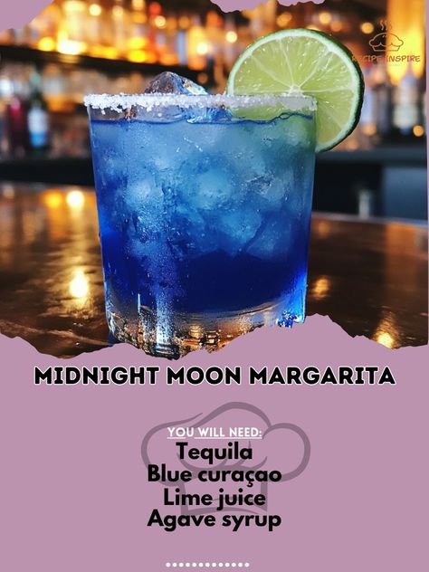 🌙🍹 Experience the magic of the night with the Midnight Moon Margarita! A delightful twist on the classic cocktail! Midnight Moon Margarita Ingredients: Tequila (2 oz) Blue curaçao (1 oz) Lime juice (1 oz) Agave syrup (0.5 oz) Lime wheel (for garnish) Instructions: In a shaker, combine tequila, blue curaçao, lime juice, and agave syrup with ice. Shake well and strain into a glass filled with ice. Garnish with a lime wheel. 🌌✨ Enjoy the Midnight Moon Margarita! This vibrant cocktail is perf... Lunazul Tequila Drinks, Midnight Drink, Agave Margarita Recipe, Drinks Made With Tequila, Agave Margarita, Blue Tequila, Margarita Ingredients, Midnight Moon, Cocktail Syrups