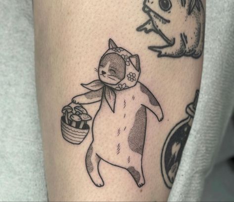 Babushka Cat Tattoo, Babushka Tattoo, Illustrative Tattoos, Portland Tattoo, Cat Tatto, Tattoo Dress, Cat Dressed Up, Cute Tats, Line Work Tattoo