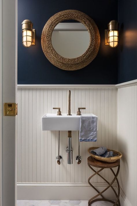 Horseshoe Beach House with Eclectic Style - Town & Country Living Blue Powder Room, Coastal Powder Room, Beadboard Bathroom, Nautical Bathroom Decor, Beach Bathroom, Powder Room Decor, Nautical Bathrooms, Powder Room Design, Fine Living