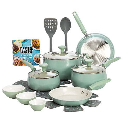 I have this set in multi color at home and at camp. Tasty Ceramic 16 Piece Non-Stick Aluminum Cookware Set, Sage Green. Walmart Creator ad https://walmrt.us/47cm8OL Green Cookware, Mint Green Kitchen, Green Kitchen Accessories, Aluminum Pans, Ceramic Cookware, Kitchen Accessories Decor, Pots And Pans Sets, Cooking Set, Cookware Sets