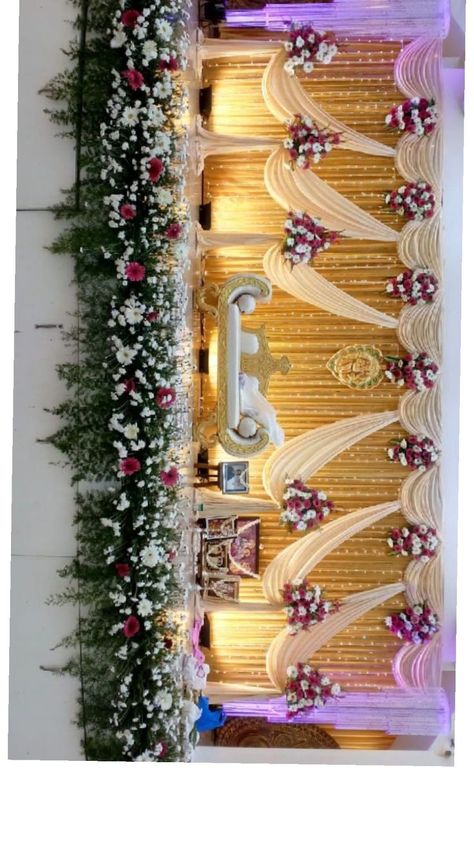 Function Stage Decoration, Engagement Stage Decoration Indian Simple, Marriage Decoration Stage, Reception Stage Decoration Backdrops, Marriage Stage Decoration, Engagement Backdrop Ideas, Backdrop For Engagement, Wedding Stage Background, Marriage Stage