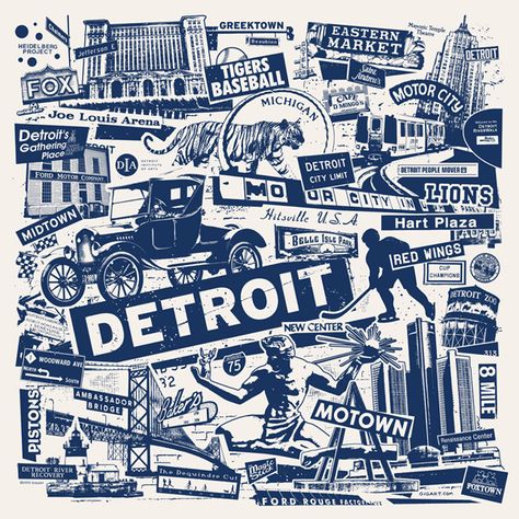 This art print created by GIGART is great for anyone living in Detroit, or just a fan of the Motor City. It is a nice collage of the many famous and historical sites and imagery.  Size: 17 x 17 inch / 1 Color Silk Screen / True White French Speckletone Paper Detroit Tattoo, Detroit Zoo, Detroit Art, Acryl Painting, Detroit History, Skull Decal, Detroit City, City Print, Motor City