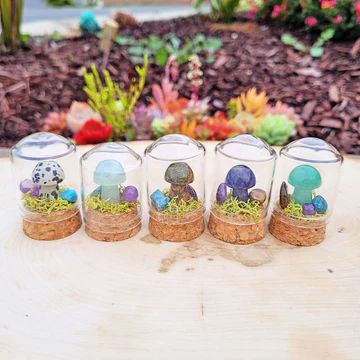 Mushroom Crystal Terrarium | Brooke LeAnne Crystal Mushroom Magical Garden Terrarium Inspiring • Colorful • Uplifting Gifts, Stickers, Stationery, Crystal, Crystal Bracelets and other treasures. Brooke LeAnne's mission is to help inspire you to live your most dream-filled life. Crystal Mushroom Terrarium, Crystal Terrarium Diy Fairies Garden, Crystal Chip Crafts, Crystal Crafts To Sell, Crystal Terrarium Ideas, Crystal Chips Ideas, Crystal Terrarium Diy, Crystal Garden Terrarium, Jar Aesthetic