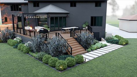 Back Deck Landscaping, Landscaping Around Raised Deck Backyard, Landscaping Around Tall Deck, Deck Along Back Of House, Backyard Deck Inspiration, Modern Deck Off Back Of House, Flower Beds Around Deck, 2023 Deck Ideas, Backyard Landscaping With Deck