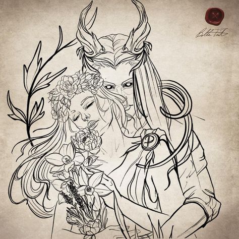 𝕭𝖊𝖑𝖑𝖆 𝕿𝖆𝖎𝖙 • Tattoo Artist on Instagram: “Here are some details of this large Hades & Persephone design I am very excited to tattoo on Meaghan’s arm this week.  This design is…” Persephone Hades Tattoo, Persephone Art Drawing, Persephone Sketch, Hades Tattoo Design Greek Mythology, Persephone Design, Persephone Tattoo Design, Persephone Tattoo Ideas, Persephone And Hades Tattoo, Hades And Persephone Tattoo