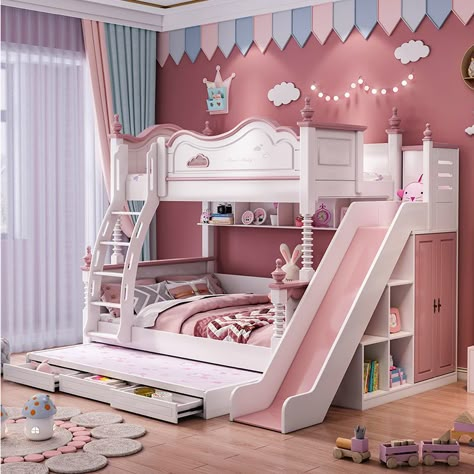 Pink Unicorn Room, Kids Bed With Slide, Bunk Beds For Girls Room, Kids Bedroom Furniture Sets, Girls Bunk Beds, Bed For Girls Room, Kids Bed Design, Beds Kids, Luxury Kids Bedroom