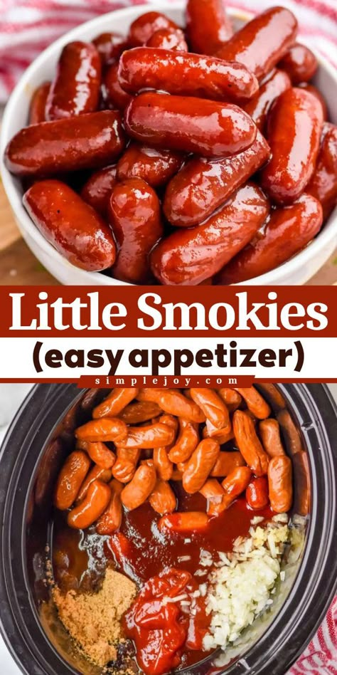 Looking for a Superbowl party food idea? This Little Smokies recipe is an easy appetizer and a crowd pleaser. A last minute recipe with cocktail wieners, BBQ sauce, and whiskey in a slow cooker. The perfect addition to your game day menu. Try it now! Lil Smokies Recipes, Crockpot Little Smokies, Little Smokies Recipes, Smokies Recipe, Lil Smokies, Little Smokies, Cocktail Sausages, Crockpot Appetizers, Bowl Party Food