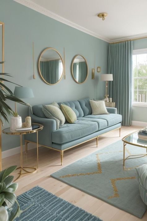 Pastel Green Home Decor, Cyan Living Room, Turquoise Couch Living Room Ideas, Pastel Blue Living Room, Pastel Couch, Living Room Pastel Colors, Interior Turquoise, Turquoise Room Ideas, Blue Green Living Room