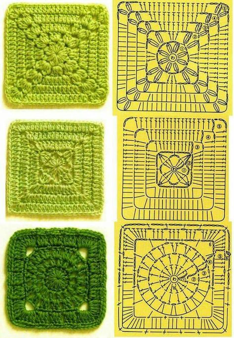 Solid Granny Square charts                                                                                                                                                                                 More Crocheted Squares, Granny Pattern, Crochet Blocks, Crochet Square Patterns, Granny Squares Pattern, Granny Square Crochet Pattern, Square Patterns, Crochet Square, Crochet Stitches Patterns