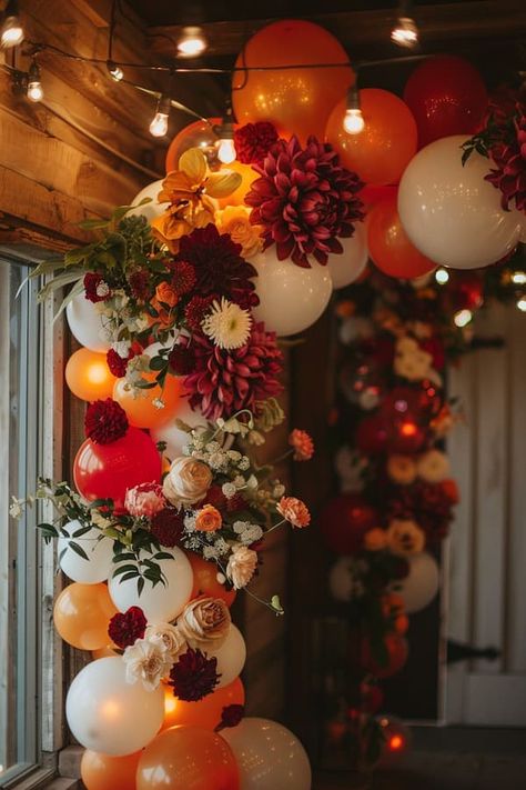 Fall Bridal Shower Decor Ideas Autumn Bridal Shower Decorations, Fall Ball Decorations, Fall Wedding Balloon Arch, Fall Floral Bridal Shower Ideas, Engagement Party Themes Ideas Decoration, Fall Bridal Shower Balloon Arch, Autumn Bridal Shower, Outdoor Fall Bridal Shower Decor, Fall Bridal Shower Games