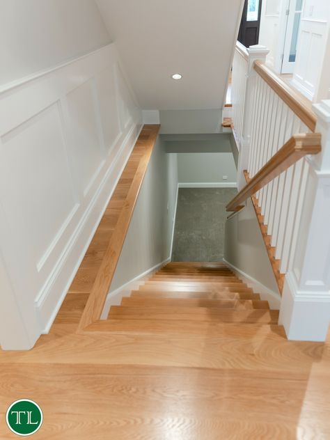 Stairway Banister, Open Staircase Ideas, Open Basement Stairs, Staircase Molding, Banister Remodel, Basement Stairs Remodel, Basement Staircase, Basement Stairs Ideas, Stairs Renovation