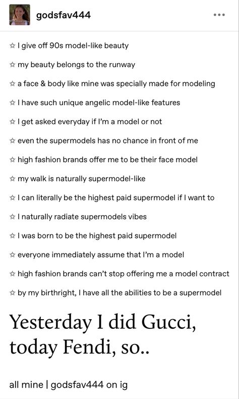 supermodels itgirl 90s affirmations affirmation models modeling How To Manifest Becoming A Model, Become A Model Affirmations, Desired Body Affirmation Chart, Modelling Affirmations, I Am A Model Affirmation, Supermodel Quotes, Supermodel Affirmations, Desired Life Affirmations, Self Concept Affirmations Law Of Assumption