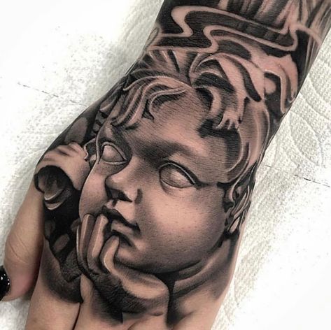 Hand Forearm Tattoos For Guys, Face Hand Tattoos For Guys, Detailed Hand Tattoo, Angel Hand Tattoos For Women, Angel On Hand Tattoo, Angel Money Tattoo, Angel Tattoo On Hand, Chicano Angel Tattoo, Chicano Hand Tattoo