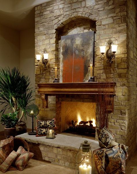 Fireplace in Multi-Million Dollar Home Designed by Fratantoni Luxury Estates - mediterranean - living room - phoenix - Fratantoni Luxury Estates Fireplace Mantle Designs, Brick Fireplace Mantles, Multi Million Dollar Homes, Mediterranean Living Room, Mediterranean Living, Stone Fireplaces, Million Dollar Homes, Fire Places, Luxury Estate