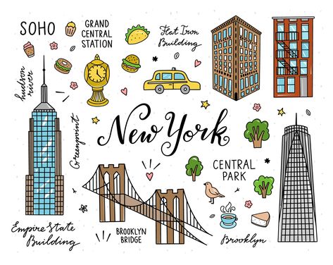 New York Easy Drawing, Drawings Of New York City, New York Is Always A Good Idea, New York Journal Ideas, New York Travel Journal, New York Clipart, New York Doodles, Nyc Doodles, New York Cartoon