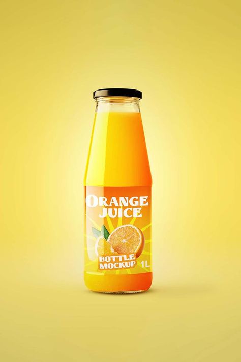 Orange juice bottle mockup. You can paste your project on the bottle and change cap color. It is very easy to edit and modify. PSD file contains: - separate Smart Object label layer - highlights layer - shadows layer - product layer The layers in PSD file are segregated and colorized. If you would like to customize this mockup to your needs, nothing will stop you – super easy and clean layer setup is created as simple as it can be. Created and tested on Adobe Photoshop CS6. --- You can fin Orange Juice Bottle, Juice Bottle Mockup, Fruits Juice, Juice Bottle, Juice Glass, Juice Bottles, Bottle Mockup, Photoshop Cs6, Fruit Juice