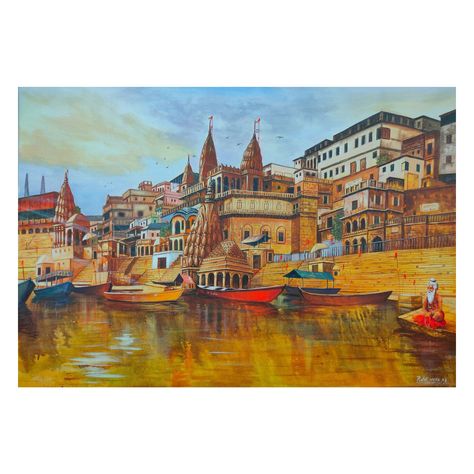 Banaras the religious capital of India. Banaras ghat (ART_8295_60569) - Handpainted Art Painting - 35in X 24in by Artist Pratik Vyas. Please click here to buy this painting https://www.fizdi.com/banaras-ghat-art_8295_60569-handpainted-art-painting-35in-x-24in/ #fizdiofficial #banaras #india #incredibleindia #ganga #instagood #ghat #ghatsofvaranasi #ganges #varanasighats #varanasi #kashi #acrylic #canvas #acrylicpainting #painting Ganga Ghat Drawing, Banaras Painting Canvases, Kashi Ghat Painting, Kashi Painting, Varanasi Ghat Painting, Ganga Ghat Painting, Ganga Painting, Banaras Ghat Painting, Banaras Painting