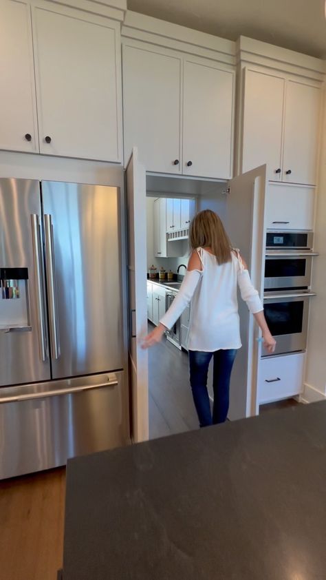 Obsessed with this hidden pantry In this kitchen built by Owen homes . I had so much fun going through the fall Parade of home here in KC.… | Instagram Hidden Pantry Behind Cabinet Doors, Hidden Doorway In Kitchen, Hidden Pantry Cabinet Door, Hidden Prep Kitchen, Hidden Door In Kitchen, Hidden Kitchen Door, Hidden Pantry Door In Kitchen, Kitchen Hidden Door, Hidden Pantry Walk In