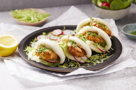 Crispy Prawn Cocktail Bao Buns — Farm to Fork Pork Bao Buns, Greek Lamb Recipes, Pork Bao, Red Radish, Prawns Recipe, King Prawns, Farm To Fork, Eating Well Recipes, Boneless Pork Shoulder