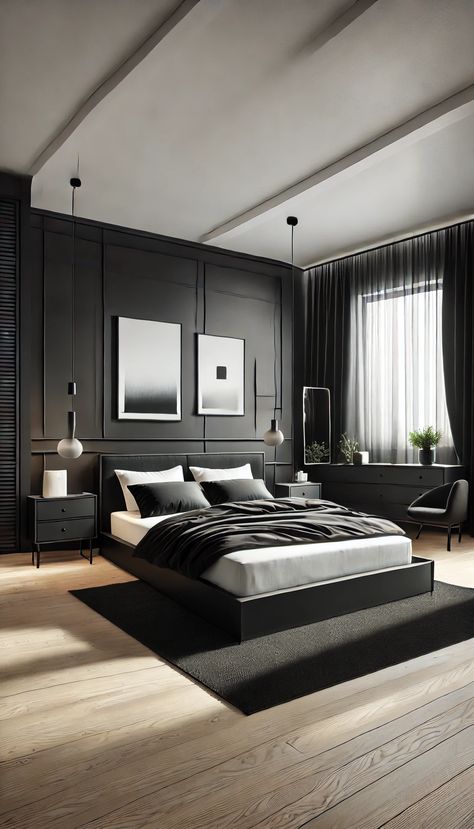 21 Stunning Black Bedroom Decor Ideas That Will Make You Want to Redecorate ASAP 🖤✨ Cute Black Bedroom, Black Master Room, Dark Feminine Aesthetic Bedroom, Bedroom With Black Wall, Modern Bedroom Dark, Black Bedroom Walls, Neutral And Black Bedroom, Rich Bedroom Luxury, Black Bedroom Decor Ideas