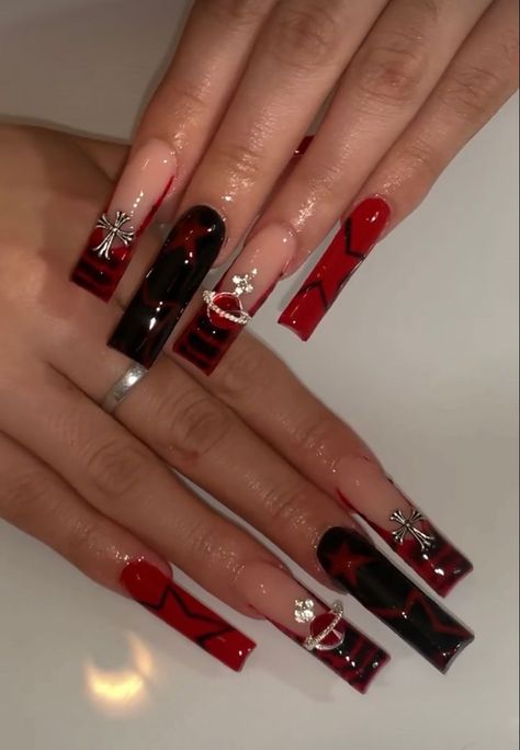 Cute Nails Acrylic, Insta Nails, Black Acrylic Nails, Red Acrylic Nails, Punk Nails, Grunge Nails, Goth Nails, Colored Acrylic Nails, Dope Nail Designs