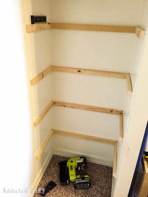 closet makeover - installing shelf cleats Shelf Cleats, Closet Lighting Ideas No Wiring, Diy Wood Closet, Kids Closet Makeover, Wooden Closet Shelves, Small Closet Shelving, Toy Closet, Wood Closet Shelves, Diy Closet Shelves