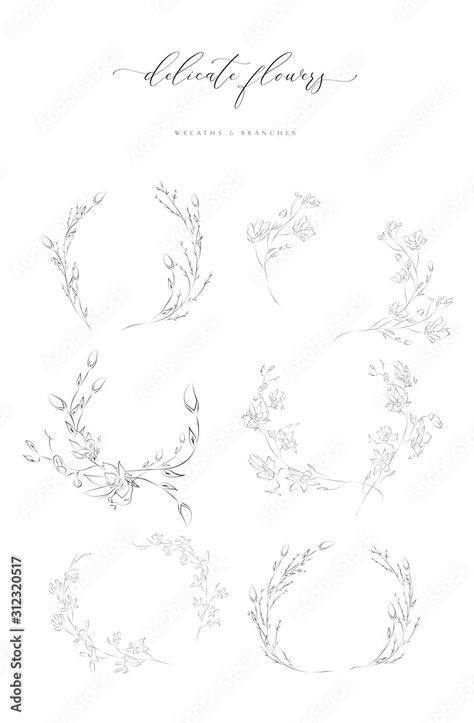 Collection of delicate line drawing vector floral wreaths frames. hand drawn delicate flowers, branches, leaves, blossom. Botanical illustration. Leaf logo Stock Vector | Adobe Stock Floral Wreath Drawing, Framed Tattoo, Wreath Drawing, Floral Wreaths, Drawing Vector, Leaf Logo, Delicate Flowers, Wedding Logos, Flower Branch