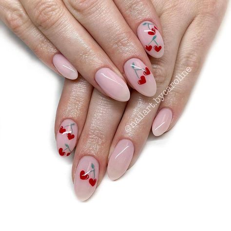 obsession nail studio on Instagram: “Cherry hearts by our Caroline!! Go check out more of her fabulous work on her page @nailart.bycaroline 100% handpainted . . . .…” Manicure Acrylic Nails, Cherry Hearts, Diy Nails Easy, Cherry Nail Art, Fruit Nail Designs, Vday Nails, Heart Nail Designs, Cherry Nails, Minimal Nails