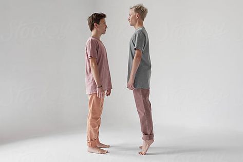 Two People Standing Next To Each Other, Brothers Pose Reference, Two People Looking At Each Other, Two People Standing, Body Studies, Body Study, Boy Face, Drawing Stuff, Girl Standing