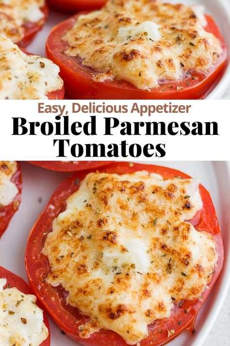 Broiled Parmesan Tomatoes - a quick and easy 15 minute appetizer that is always a crowd-pleaser! #broiledtomatoes #parmesantomatoes #quickappetizer #easyappetizer #broiledtomatoesrecipe #thewoodenskillet Parmesan Crusted Tomatoes, Broiled Tomatoes, Baked Tomato Recipes, Parmesan Tomatoes, Baked Parmesan Tomatoes, Wooden Skillet, Vegetarian Party Food, Tomato Snacks, Tomato Dishes