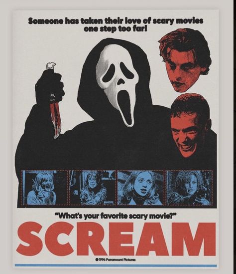 Scream Movie Poster, Halloween Movie Poster, Scream 1996, Film Poster Design, Scream Movie, Horror Posters, Movie Posters Design, Title Sequence, Horror Movie Posters