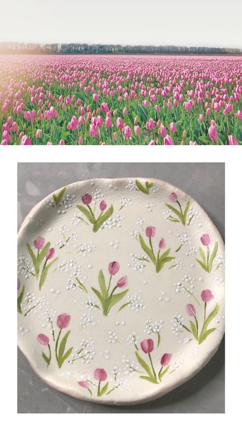 Diy Clay Dish Aesthetic, Pottery Painting Mother’s Day, Painted Pottery Jewelry Dish, Vintage Painted Pottery, Tulips Pottery Painting, Tulip Ceramic Painting, Flowers Ceramic Painting, Hydrangea Pottery Painting, Painted Pottery Flowers