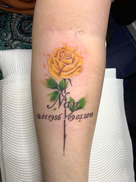 Rose Bud Tattoo, Yellow Rose Tattoo, Courage Tattoos, Yellow Tattoo, Tattoos For Dad Memorial, Rose And Butterfly Tattoo, Yellow Rose Tattoos, Rose Tattoo Forearm, Rose Tattoo On Arm