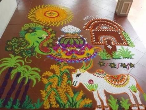 Pongal Celebration, Rangoli Designs For Competition, Pongal Kolam, Designs Rangoli, Rangoli Designs Simple Diwali, Rangoli Designs Latest, Rangoli Patterns, Rangoli Ideas, Rangoli Kolam Designs