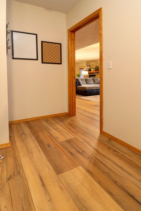 Colors With Oak Trim, Coretec Vinyl Plank Flooring, Honey Oak Trim, Oak Wood Trim, Wood Floor Colors, Navy Living, Light Oak Floors, Best Vinyl Flooring, Honey Oak Cabinets