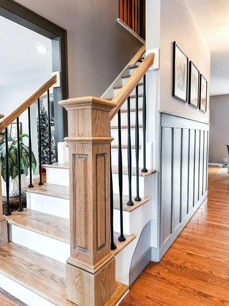 Wooden Staircase Refinishing! | Hometalk Redo Stairs From Carpet To Wood, 90s Staircase Makeover, Orange Stained Wood, Carpet Removal, Redo Stairs, Provincial Stain, Wooden Staircase, Removing Carpet, Oak Stairs