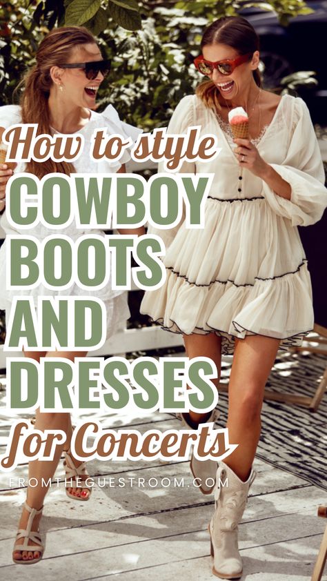 a woman wears dress with cowboy boots for concert, western outfits Concert Black Dress, Dress With White Cowboy Boots, Boots Outfit Concert, Country Concert Outfit Dress, Black Dress With Cowboy Boots, Cowboy Boots Concert, Dress With Western Boots, Dresses With Cowgirl Boots, Outfits For Concerts