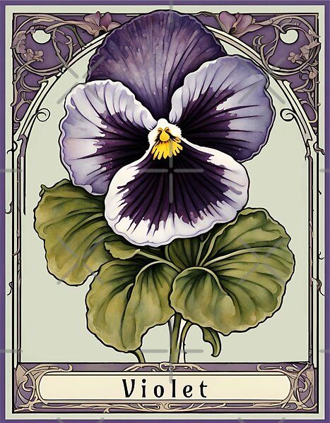 A captivating Art Nouveau portrayal of February's birth flower, the Violet. This artwork blends vintage allure with botanical elegance, offering a timeless and enchanting depiction of the delicate beauty associated with Violets. Art Nouveau Flowers Illustration, Flower Art Nouveau, February Flower, Violet Flower Tattoos, Violet Design, Fleurs Art Nouveau, February Birth Flowers, Nouveau Tattoo, Fairy Garden Doors